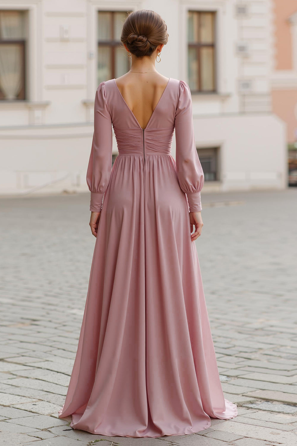 Dusty Rose Chiffon V-Neck A-Line Long Bridesmaid Dress with Sleeves