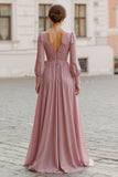 Dusty Rose Chiffon V-Neck A-Line Long Bridesmaid Dress with Sleeves