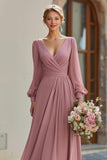 Dusty Rose Chiffon V-Neck A-Line Long Bridesmaid Dress with Sleeves