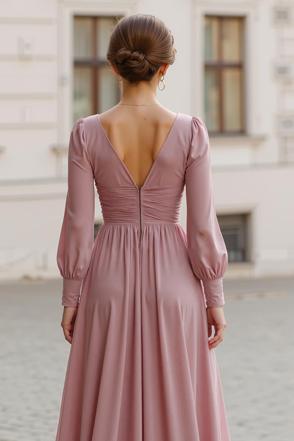 Dusty Rose Chiffon V-Neck A-Line Long Bridesmaid Dress with Sleeves