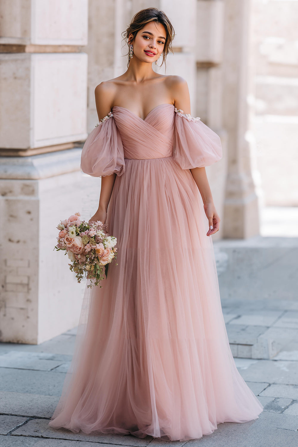 Zapaka Women Dusty Rose Long Off the Shoulder Bridesmaid Dress A Line Wedding Guest Dress with Sleeves, Dusty Rose / US8