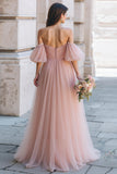 Dusty Rose Off the Shoulder Tulle A-Line Long Bridesmaid Dress with Sleeves