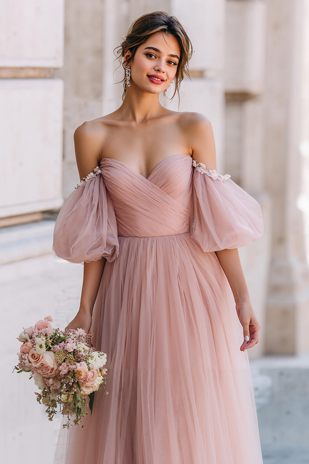 Dusty Rose Off the Shoulder Tulle A-Line Long Bridesmaid Dress with Sleeves