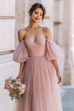 Dusty Rose Off the Shoulder Tulle A-Line Long Bridesmaid Dress with Sleeves