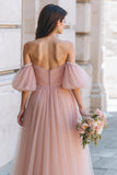 Dusty Rose Off the Shoulder Tulle A-Line Long Bridesmaid Dress with Sleeves