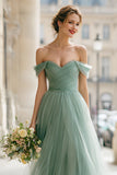 Eucalyptus Green Off the Shoulder Tulle A-Line Long Bridesmaid Dress