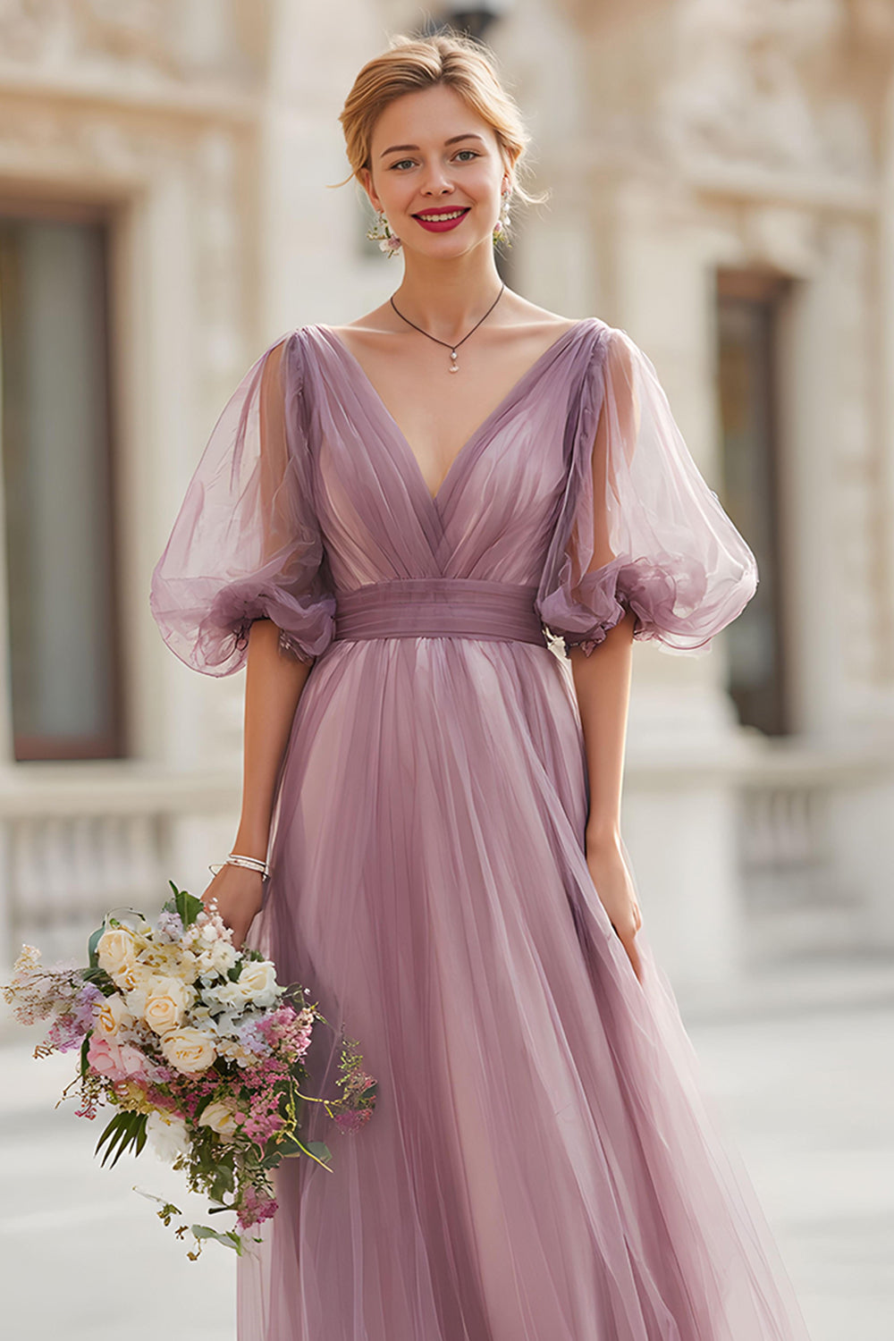 Zapakasa Women Vintage Mauve Tulle A-Line Long Bridesmaid Dress Purple V-Neck Wedding Guest Dress with Sleeves Zapakasa Women Vintage Mauve Tulle A-Line Long Bridesmaid Dress Purple V-Neck Wedding Guest Dress with Sleeves