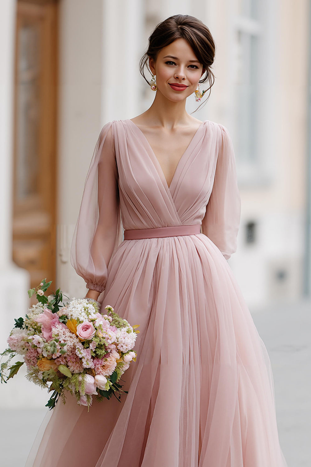 Dusty Rose V-Neck Tulle A-Line Long Bridesmaid Dress with Sleeves