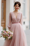 Dusty Rose V-Neck Tulle A-Line Long Bridesmaid Dress with Sleeves