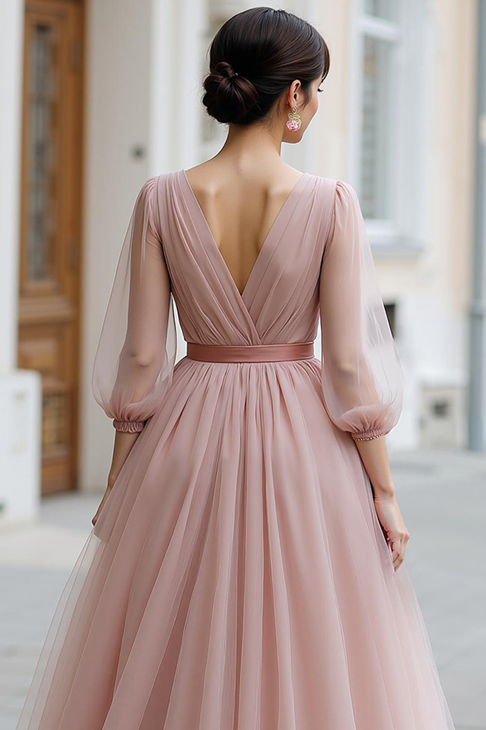 Dusty Rose V-Neck Tulle A-Line Long Bridesmaid Dress with Sleeves