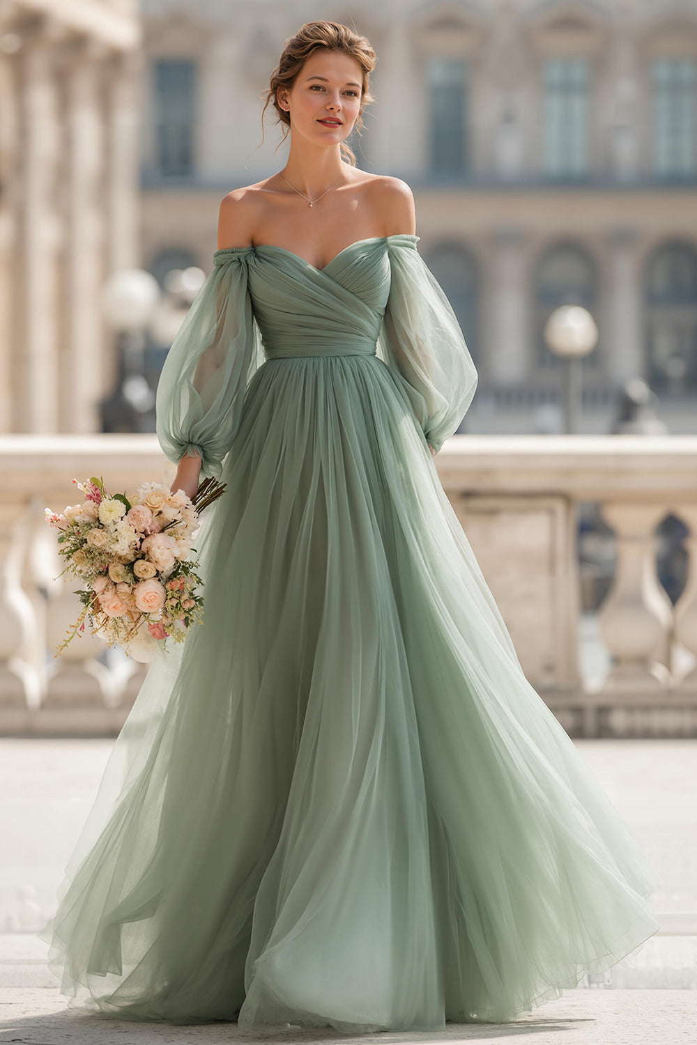 Zapaka Women Eucalyptus Long A Line Bridesmaid Dress Off the Shoulder Wedding Guest Dress with Sleeves, Eucalyptus / US24W
