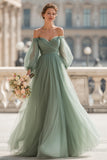Eucalyptus Green Off the Shoulder Tulle A-Line Long Bridesmaid Dress with Sleeves