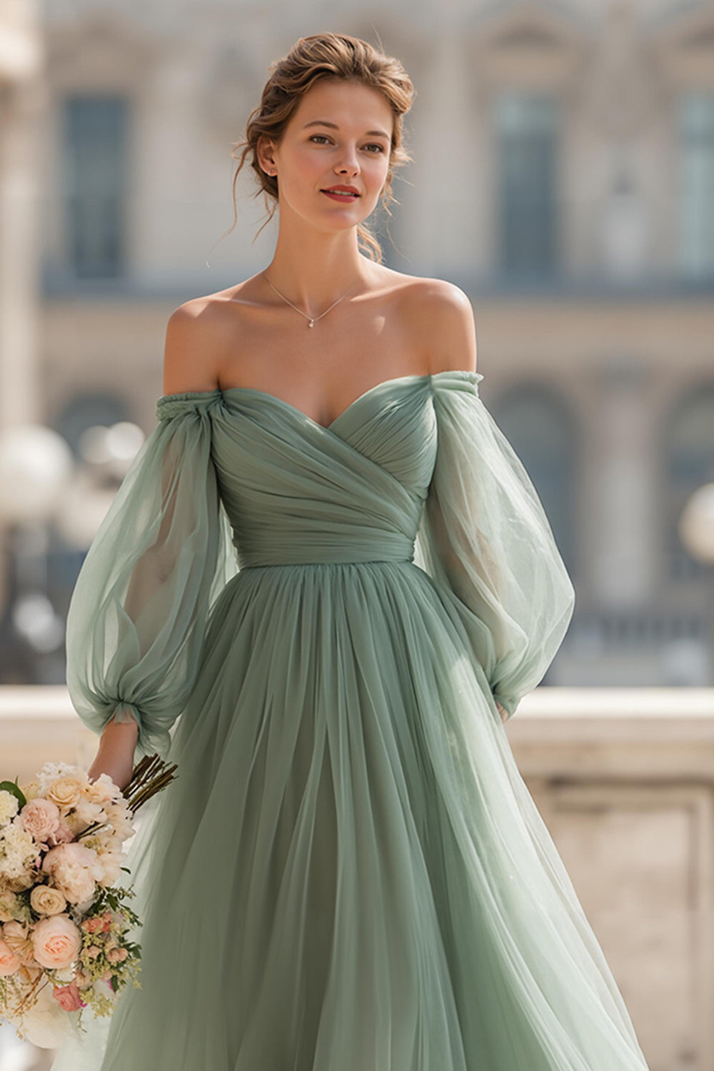 Eucalyptus Green Off the Shoulder Tulle A-Line Long Bridesmaid Dress with Sleeves