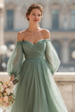 Eucalyptus Green Off the Shoulder Tulle A-Line Long Bridesmaid Dress with Sleeves