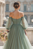 Eucalyptus Green Off the Shoulder Tulle A-Line Long Bridesmaid Dress with Sleeves