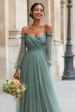 Eucalyptus Off the Shoulder Tulle A-Line Long Bridesmaid Dress with Sleeves