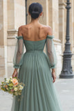 Eucalyptus Off the Shoulder Tulle A-Line Long Bridesmaid Dress with Sleeves