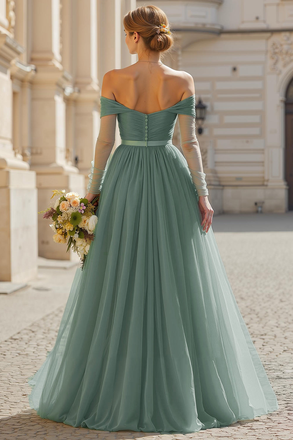 Eucalyptus Off the Shoulder Tulle A-Line Long Bridesmaid Dress