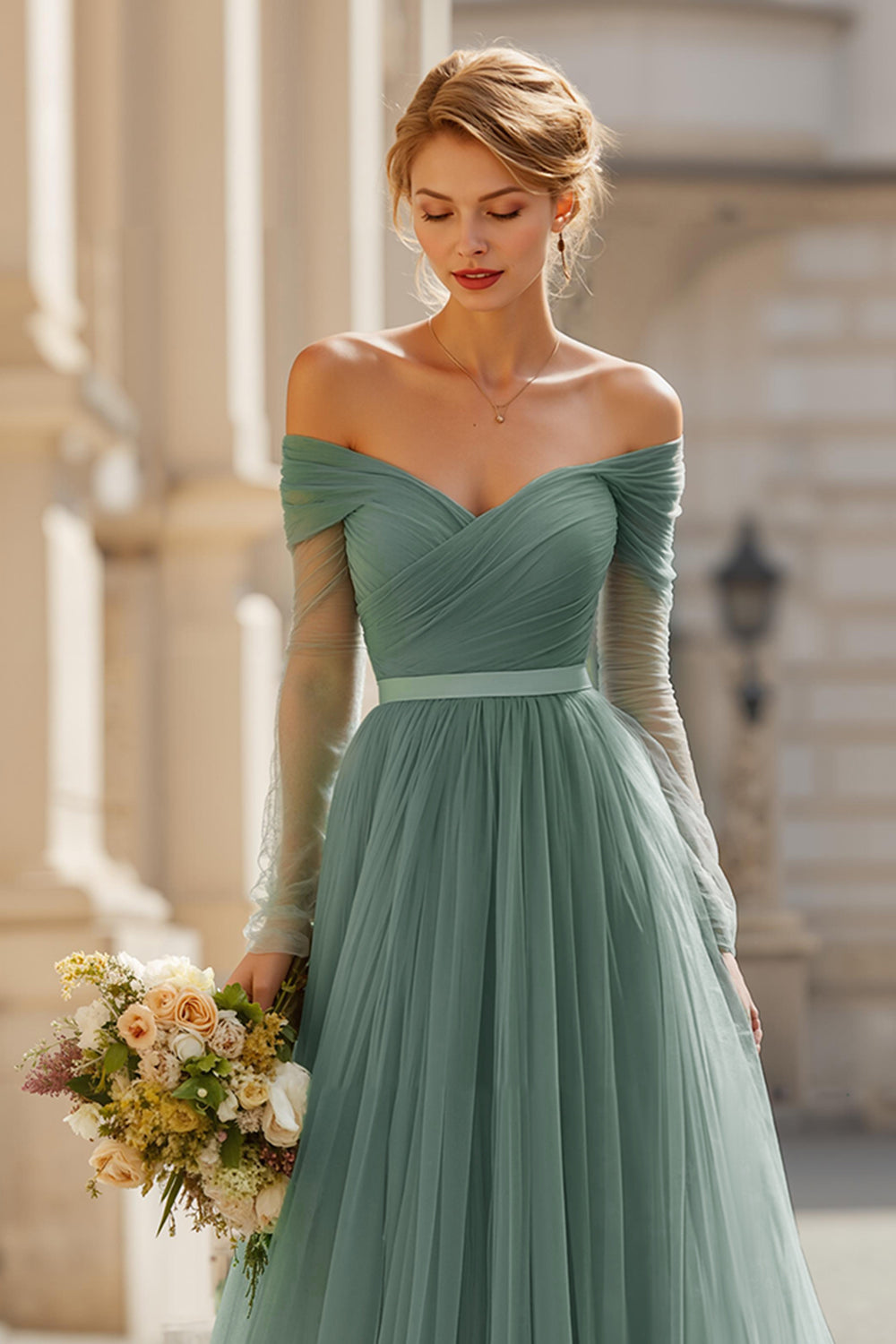 Zapakasa Women Eucalyptus Green Tulle A-Line Long Bridesmaid Dress Off the Shoulder Long Sleeves Wedding Guest Dress Zapakasa Women Eucalyptus Green Tulle A-Line Long Bridesmaid Dress Off the Shoulder Long Sleeves Wedding Guest Dress