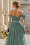 Eucalyptus Off the Shoulder Tulle A-Line Long Bridesmaid Dress