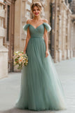 Eucalyptus Green Tulle A-Line Off the Shoulder Long Bridesmaid Dress