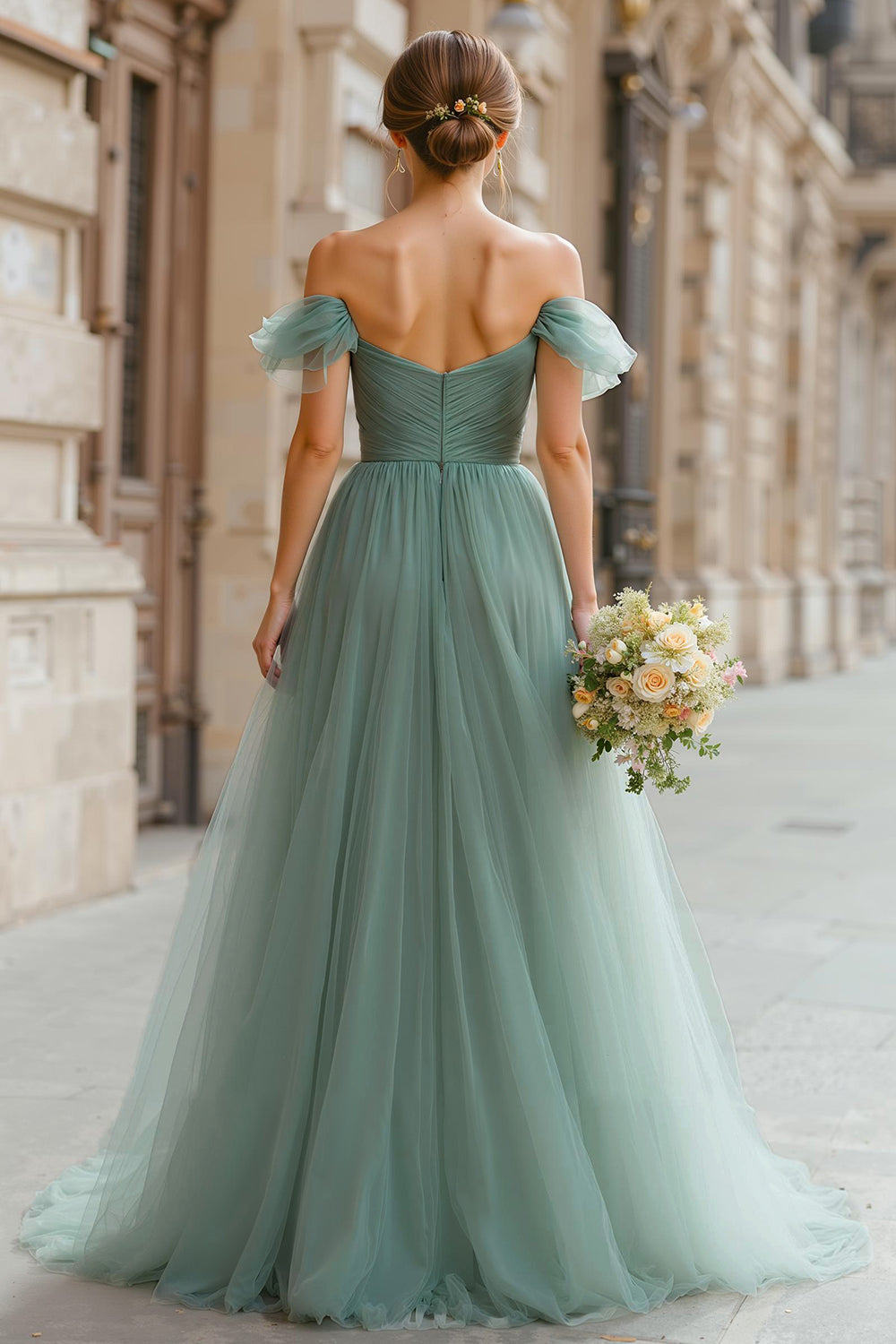 Zapakasa Women Eucalyptus Green A-Line Tulle Long Bridesmaid Dress Off the Shoulder Wedding Guest Dress Zapakasa Women Eucalyptus Green A-Line Tulle Long Bridesmaid Dress Off the Shoulder Wedding Guest Dress
