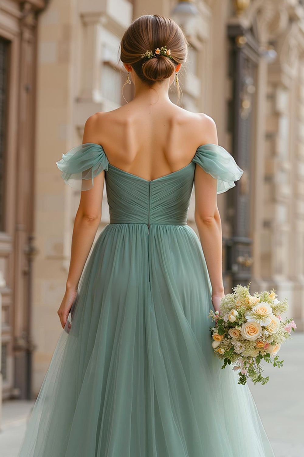 Eucalyptus Green Tulle A-Line Off the Shoulder Long Bridesmaid Dress