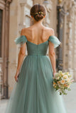 Eucalyptus Green Tulle A-Line Off the Shoulder Long Bridesmaid Dress
