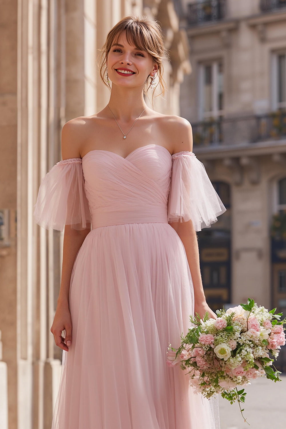 Blush Pink Tulle A-Line Off the Shoulder Long Bridesmaid Dress with Sleeves