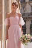 Blush Pink Tulle A-Line Off the Shoulder Long Bridesmaid Dress with Sleeves