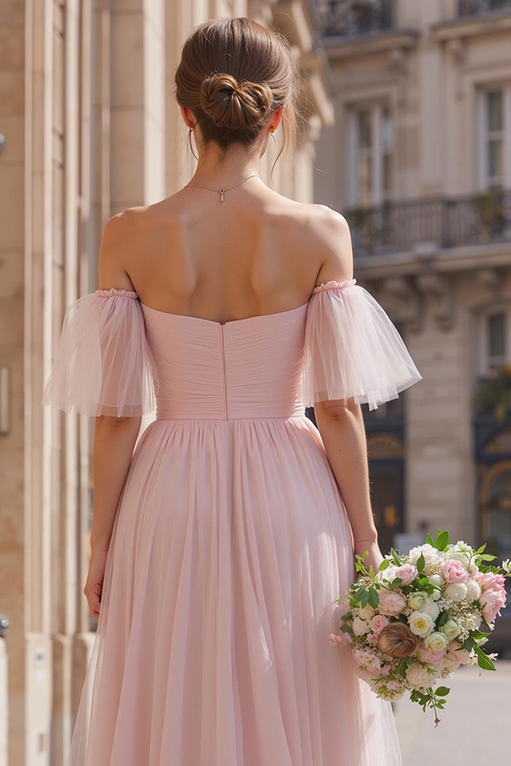 Blush Pink Tulle A-Line Off the Shoulder Long Bridesmaid Dress with Sleeves