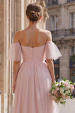 Blush Pink Tulle A-Line Off the Shoulder Long Bridesmaid Dress with Sleeves