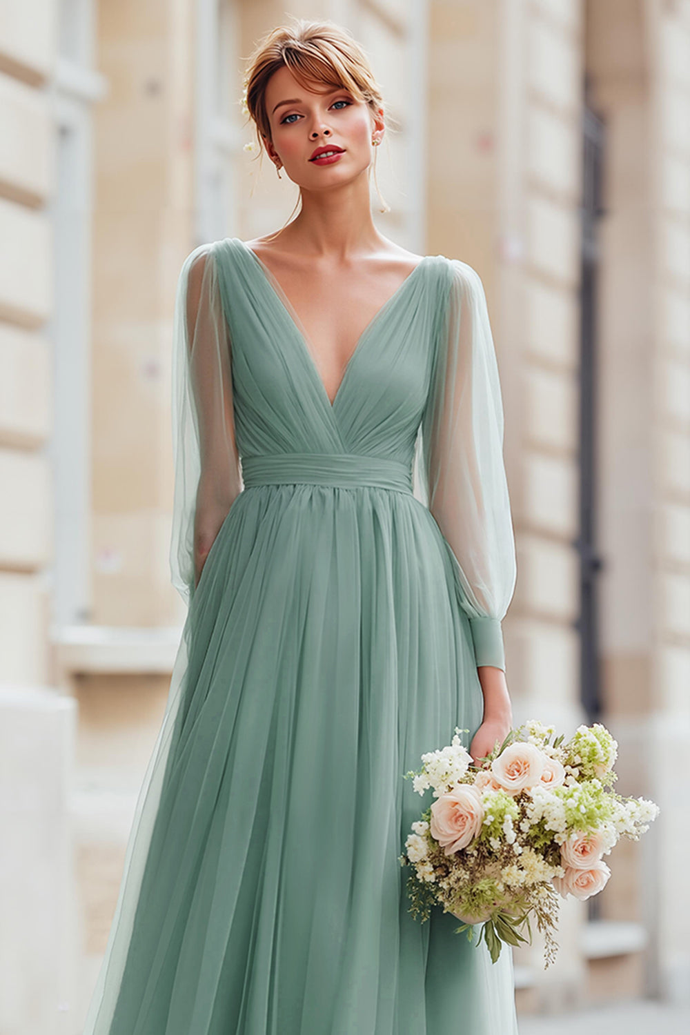 Eucalyptus Green Tulle A-Line V-Neck Long Bridesmaid Dress with Sleeves