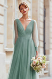 Eucalyptus Green Tulle A-Line V-Neck Long Bridesmaid Dress with Sleeves