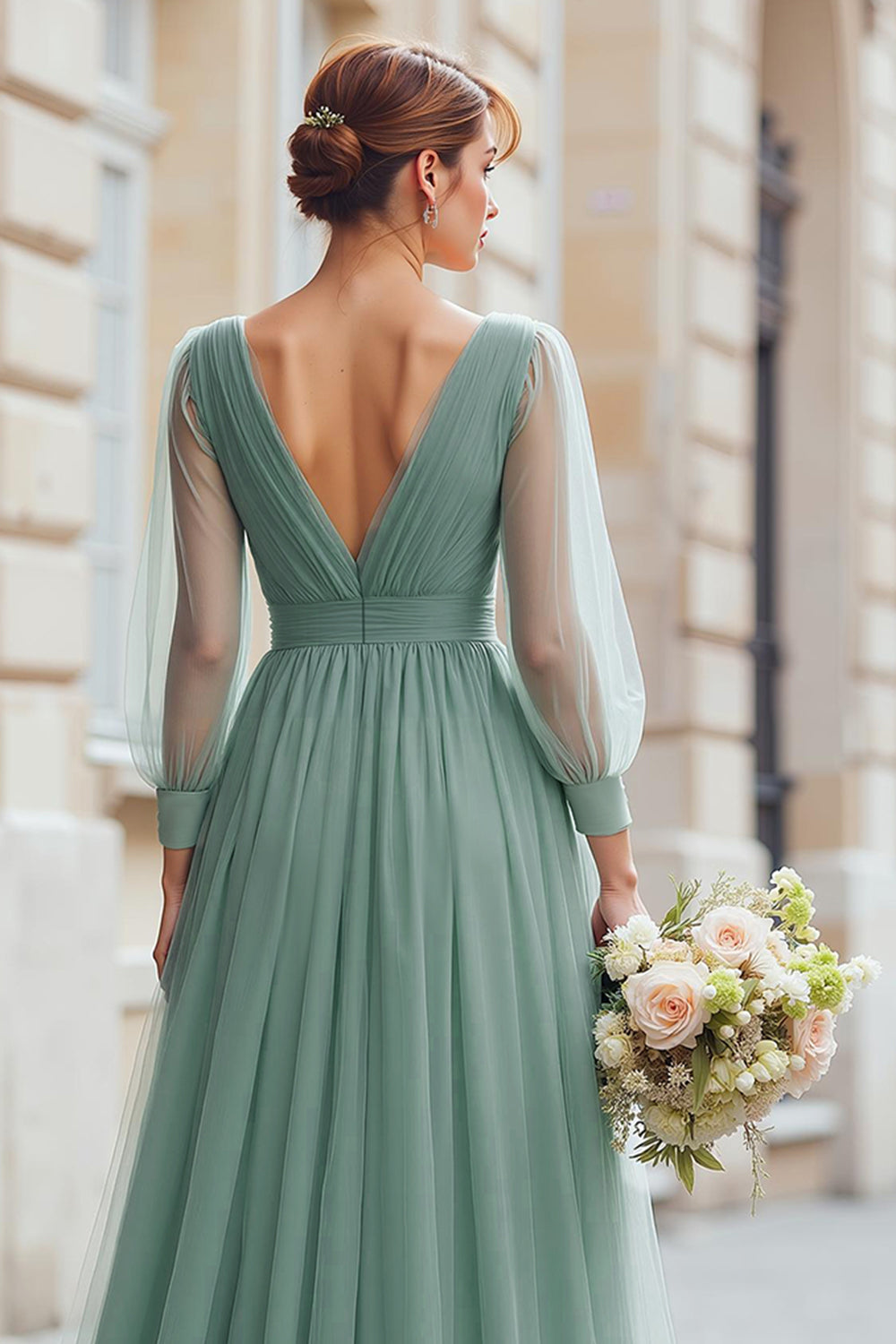 Eucalyptus Green Tulle A-Line V-Neck Long Bridesmaid Dress with Sleeves