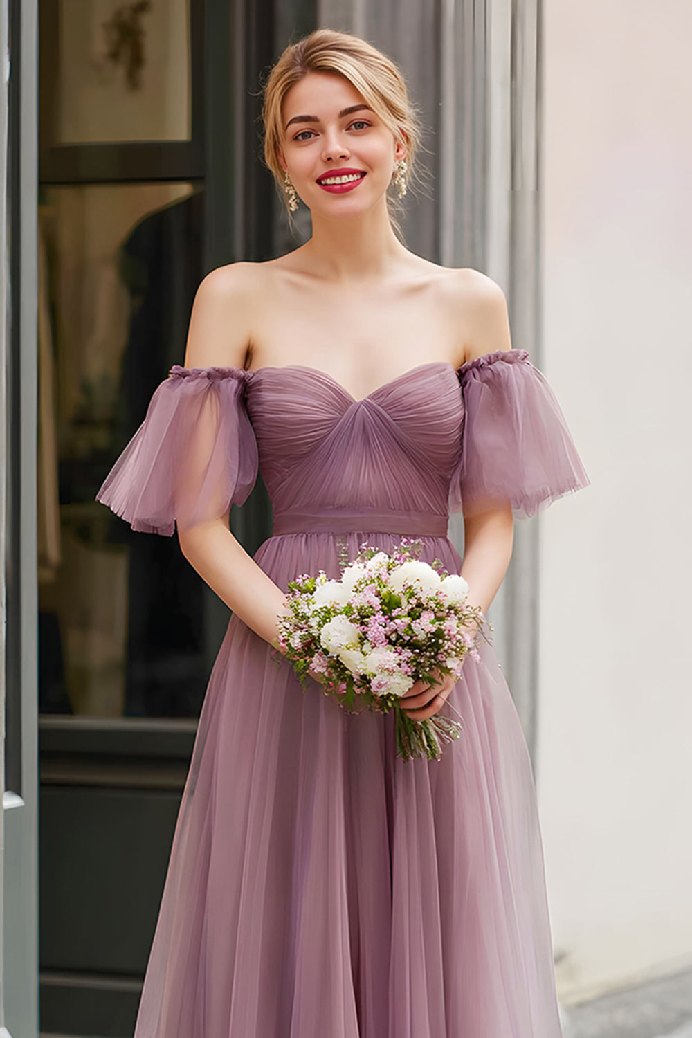 Vintage Mauve Off the Shoulder Tulle A-Line Long Bridesmaid Dress with Sleeves