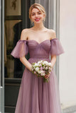 Vintage Mauve Off the Shoulder Tulle A-Line Long Bridesmaid Dress with Sleeves