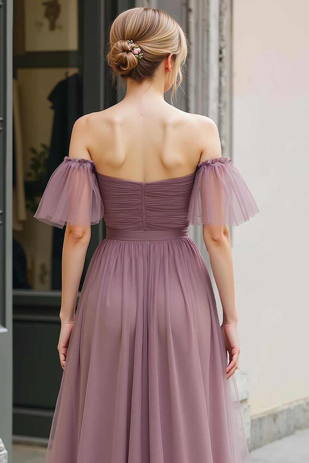 Vintage Mauve Off the Shoulder Tulle A-Line Long Bridesmaid Dress with Sleeves