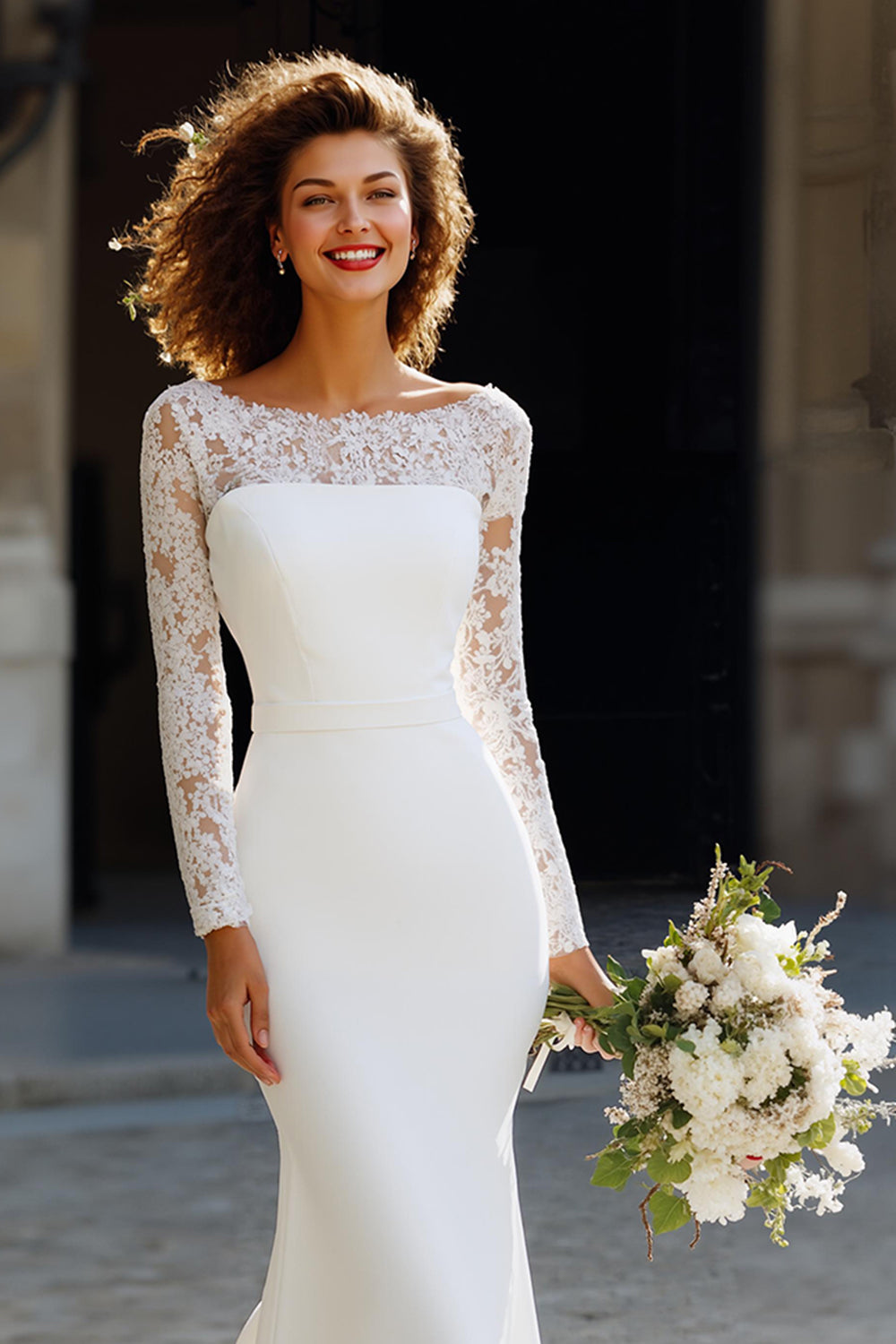 White Chiffon Sweep Train Mermaid Wedding Dress with Sleeves