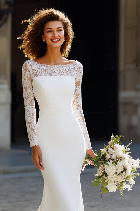 White Chiffon Sweep Train Mermaid Wedding Dress with Sleeves