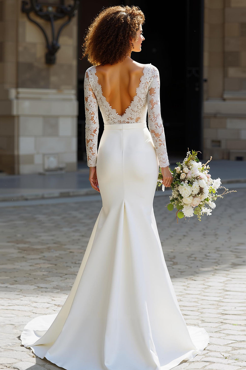 Zapaka Women White Chiffon Mermaid Wedding Dress with Lace Long Sleeves Sweep Train Bridal Dress, White / US6 Zapaka Women White Chiffon Mermaid Wedding Dress with Lace Long Sleeves Sweep Train Bridal Dress, White / US6