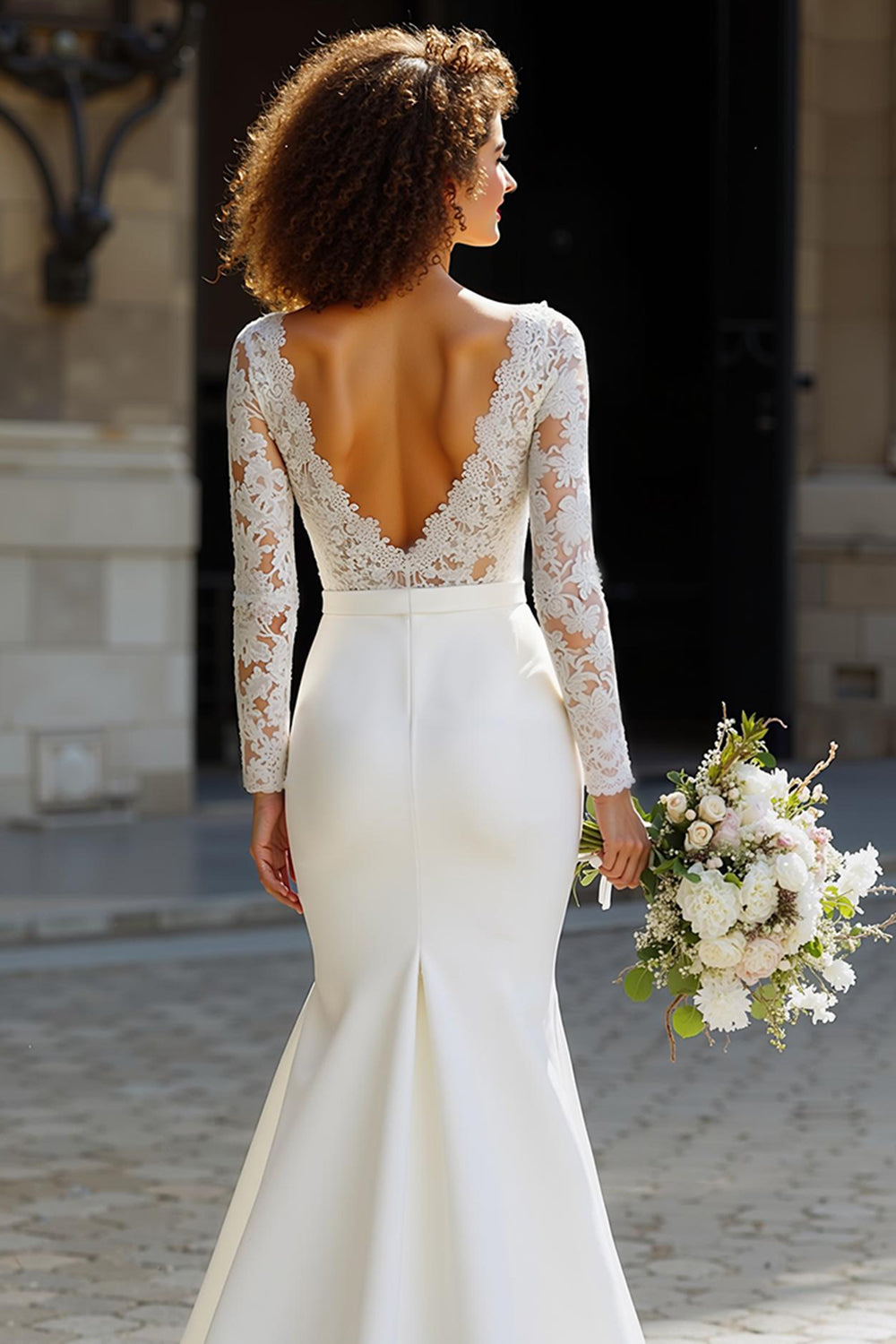 Zapakasa Women White Chiffon Mermaid Sweep Train Wedding Dress Boat Neck Lace Long Sleeves Bridal Dress Zapakasa Women White Chiffon Mermaid Sweep Train Wedding Dress Boat Neck Lace Long Sleeves Bridal Dress