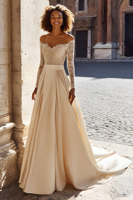 Sparkly Champagne Off the Shoulder Satin Sweep Train Wedding Dress with Sleeves