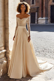 Sparkly Champagne Off the Shoulder Satin Sweep Train Wedding Dress with Sleeves