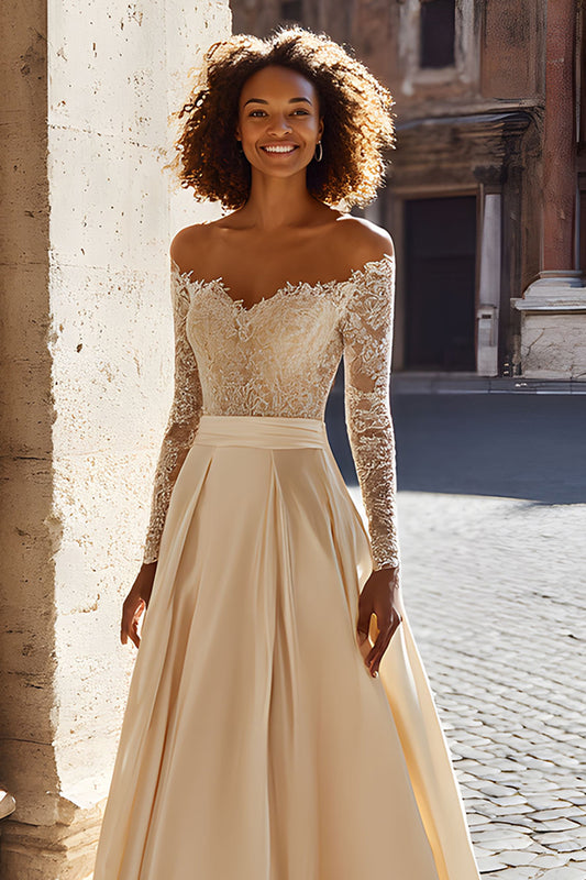 Sparkly Champagne Off the Shoulder Satin Sweep Train Wedding Dress with Sleeves