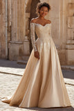 Champagne Satin Princess Long Sleeves Sweep Train Floral Lace Wedding Dress