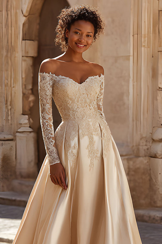 Champagne Satin Princess Long Sleeves Sweep Train Floral Lace Wedding Dress