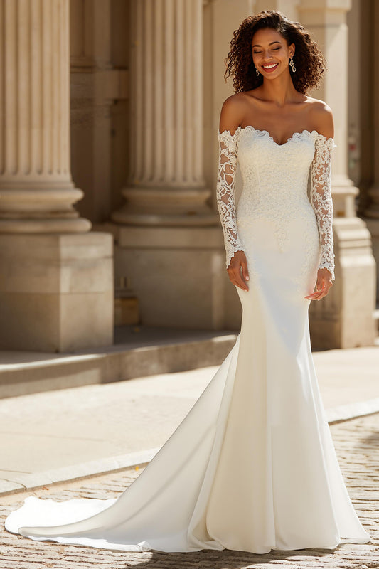 Ivory Mermaid Sweep Train Long Sleeves Wedding Dress with Sleeves