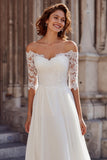 White A-Line Off the Shoulder Chiffon Wedding Dress with Sleeves