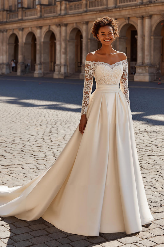 Ivory Satin Princess Off the Shoulder Sweep Train Wedding Dress with Sleeves
